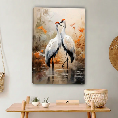 Japanese Crane Pair Watercolor Canvas Wall Art - Romantic Crane Duo Framed Wall Decor