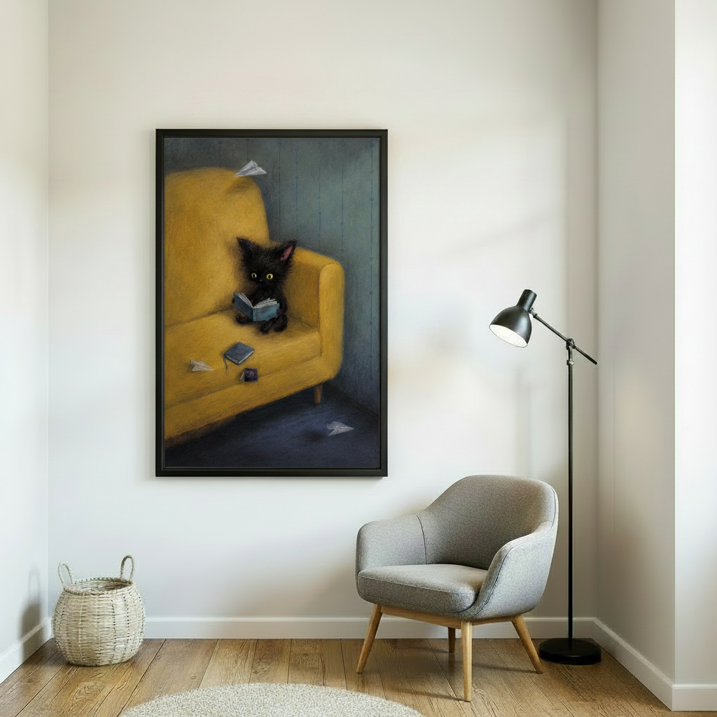 Gallery wrap black kitten reading canvas above wood desk – cozy oil painting wall art