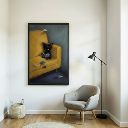 Gallery wrap black kitten reading canvas above wood desk – cozy oil painting wall art