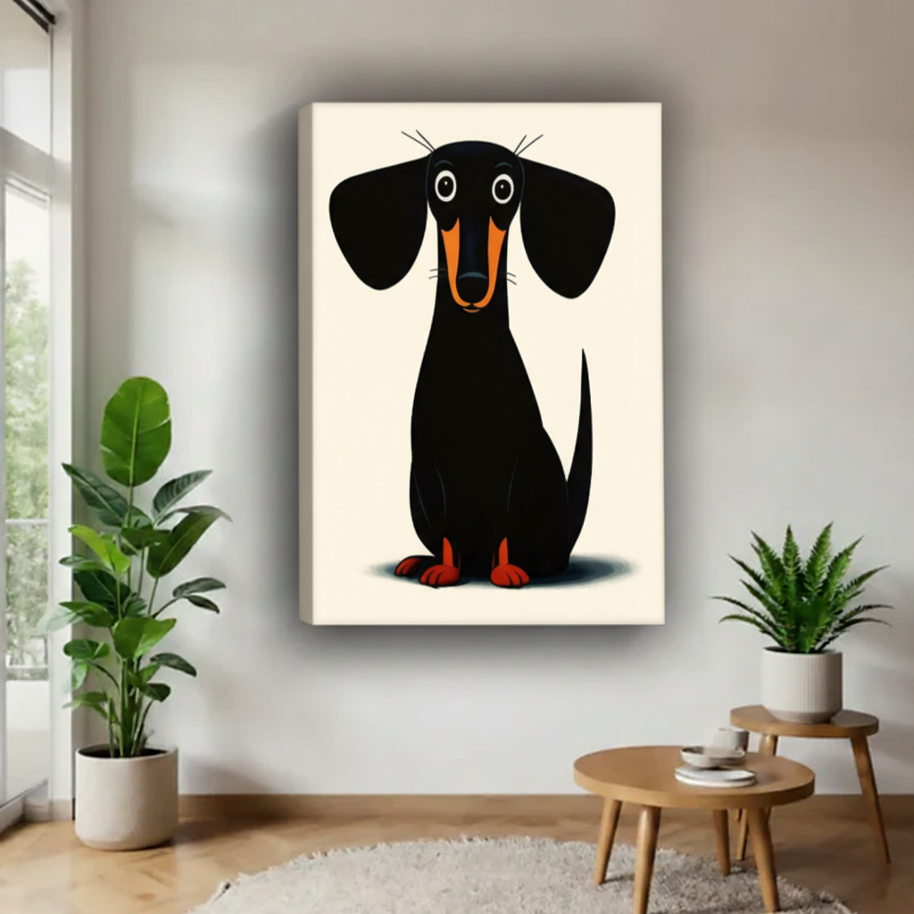 Cute minimalist dachshund gallery wrap canvas wall art, charming black dachshund illustration for dog lover home decor
