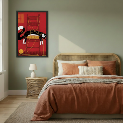 Whimsical tuxedo cat yarn chair framed canvas displayed above bed in cozy bedroom — bold red cat illustration print for bedroom decor