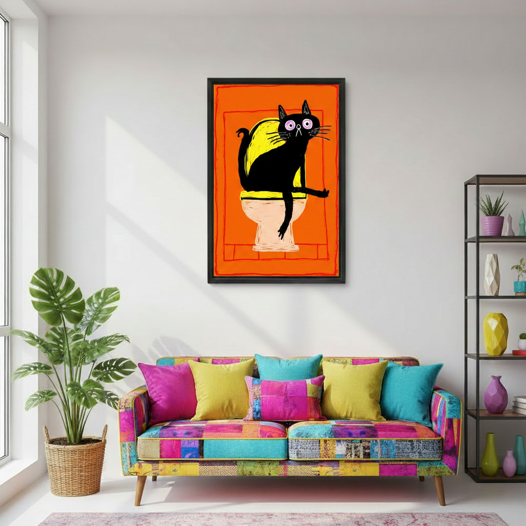 Bold orange black cat toilet canvas wall art in pink bathroom lifestyle scene, cat lover gift idea