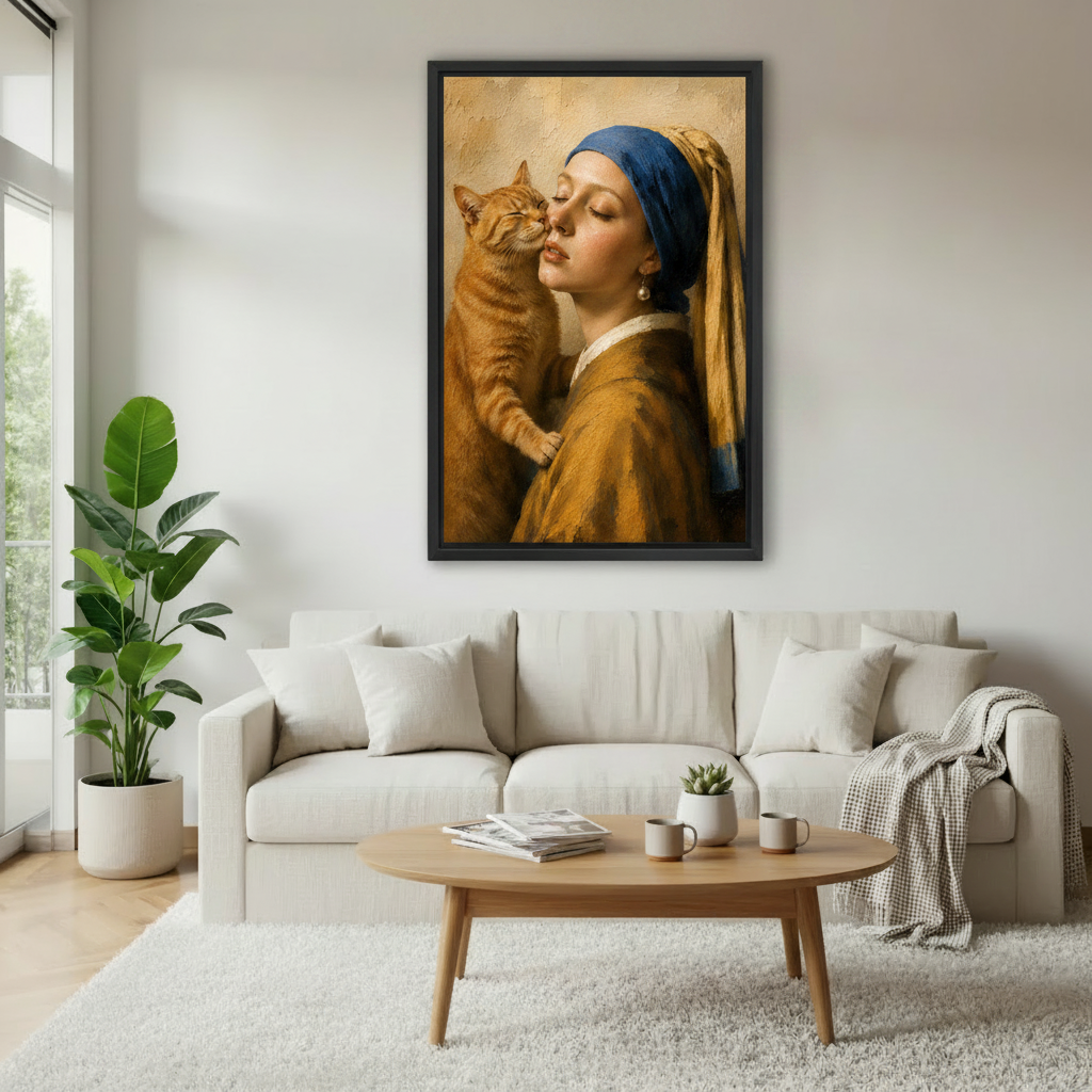 Classical framed canvas art of girl kissed by orange cat above beige sofa in modern living room