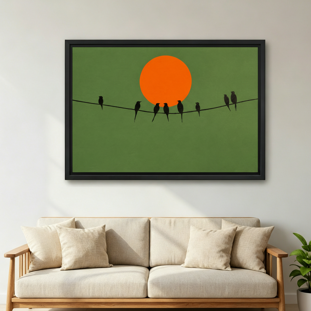Birds on wire canvas wall art hung above bed in serene bedroom, minimalist sunset silhouette print, calming olive green nature decor
