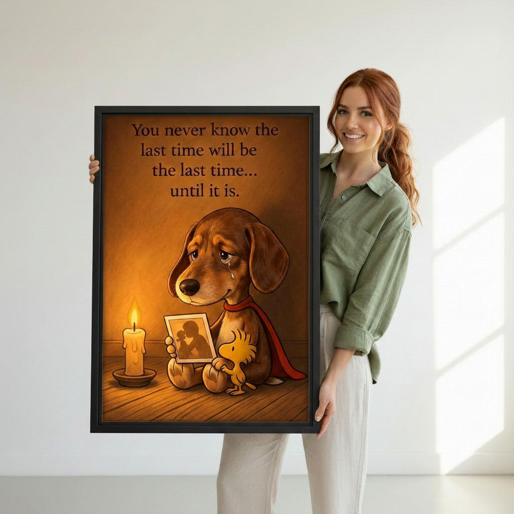 Woman holding emotional dachshund candlelight quote canvas wall art print in black frame, heartfelt dog lover poster