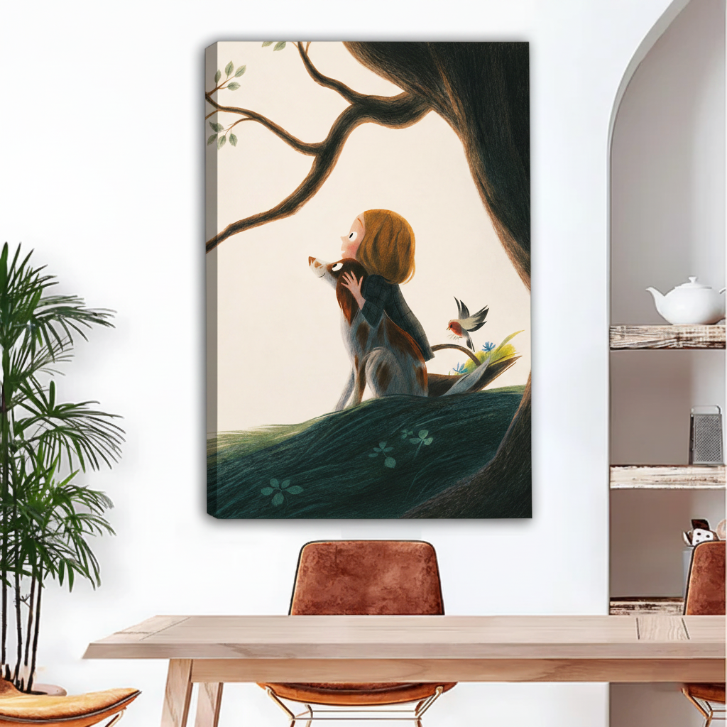 Dreamy girl hugging dog under old tree framed canvas print for kids room