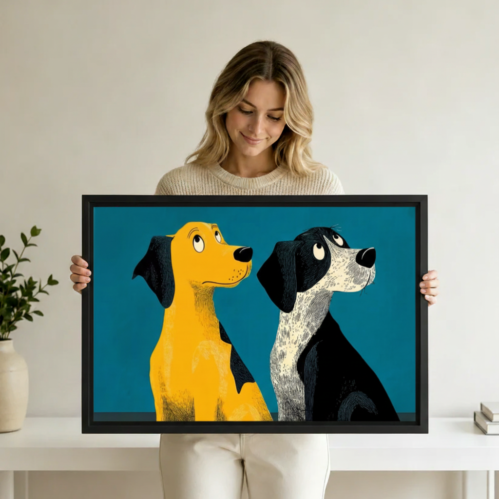 Cartoon dog duo canvas print — yellow and black-white dogs side by side, mid-century modern illustration art