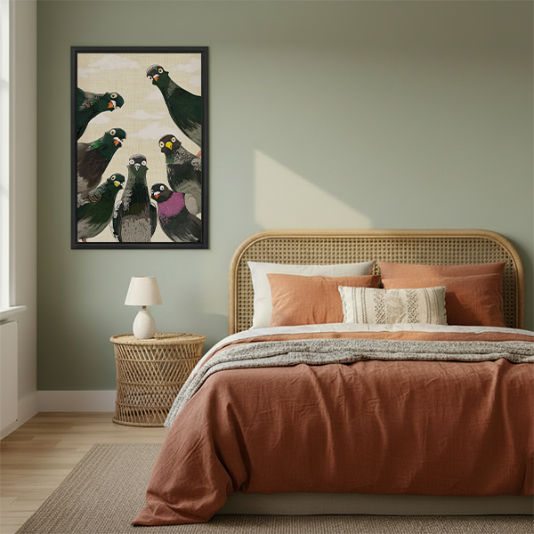 Funny pigeon canvas wall art in boho bedroom decor, Japanese illustration style framed print