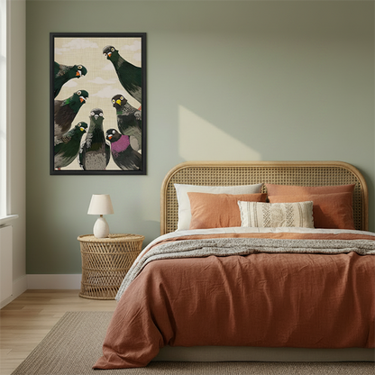 Funny pigeon canvas wall art in boho bedroom decor, Japanese illustration style framed print