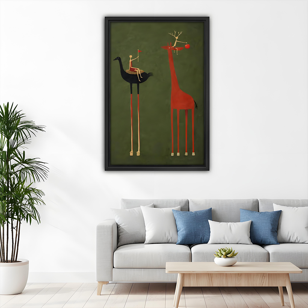 Whimsical animal riders framed canvas print above sofa – eclectic living room wall art
