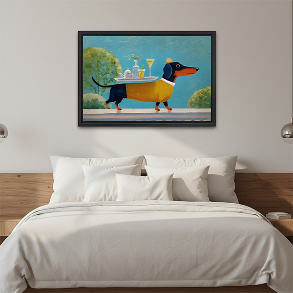	Whimsical dachshund tea party vintage wall art print above white bedding modern bedroom decor