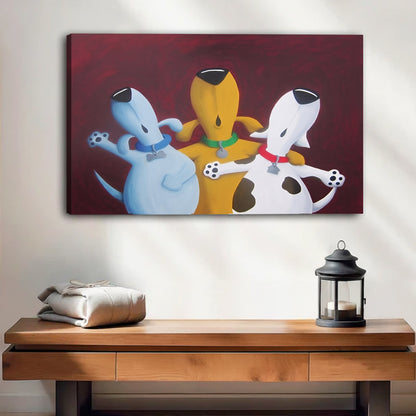 Three dogs best friends canvas wall art gallery wrap, colorful cartoon dogs on deep red, frameless print above wooden console table with lantern in warm entryway