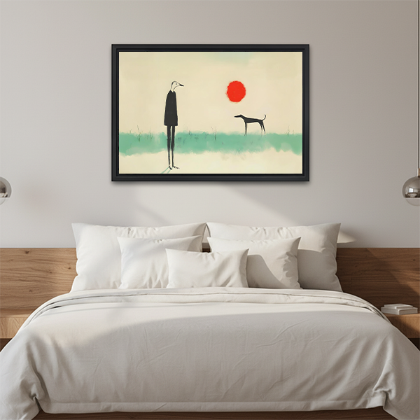 Zen minimalist framed canvas art of an abstract figure and slender dog beneath a red sun on a soft teal horizon, bedroom wall decor