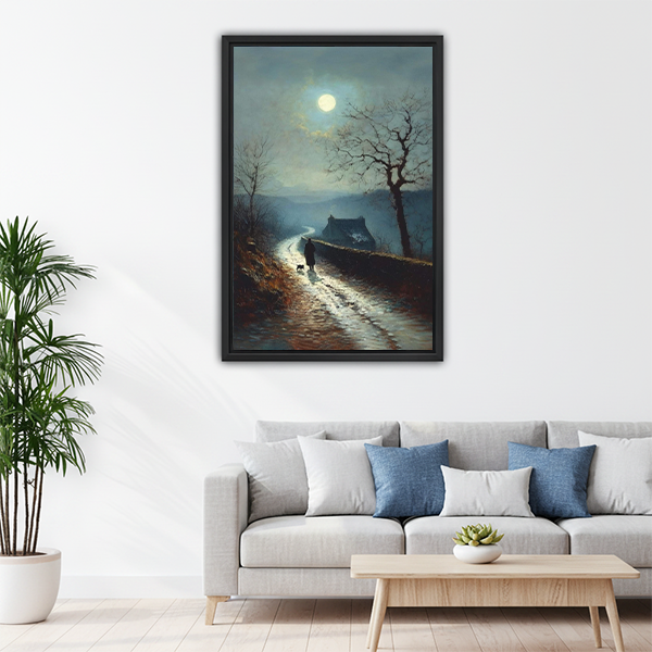 Moody moonlit path framed wall art above gray sofa in bright living room — classic home decor
