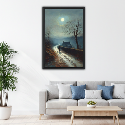 Moody moonlit path framed wall art above gray sofa in bright living room — classic home decor
