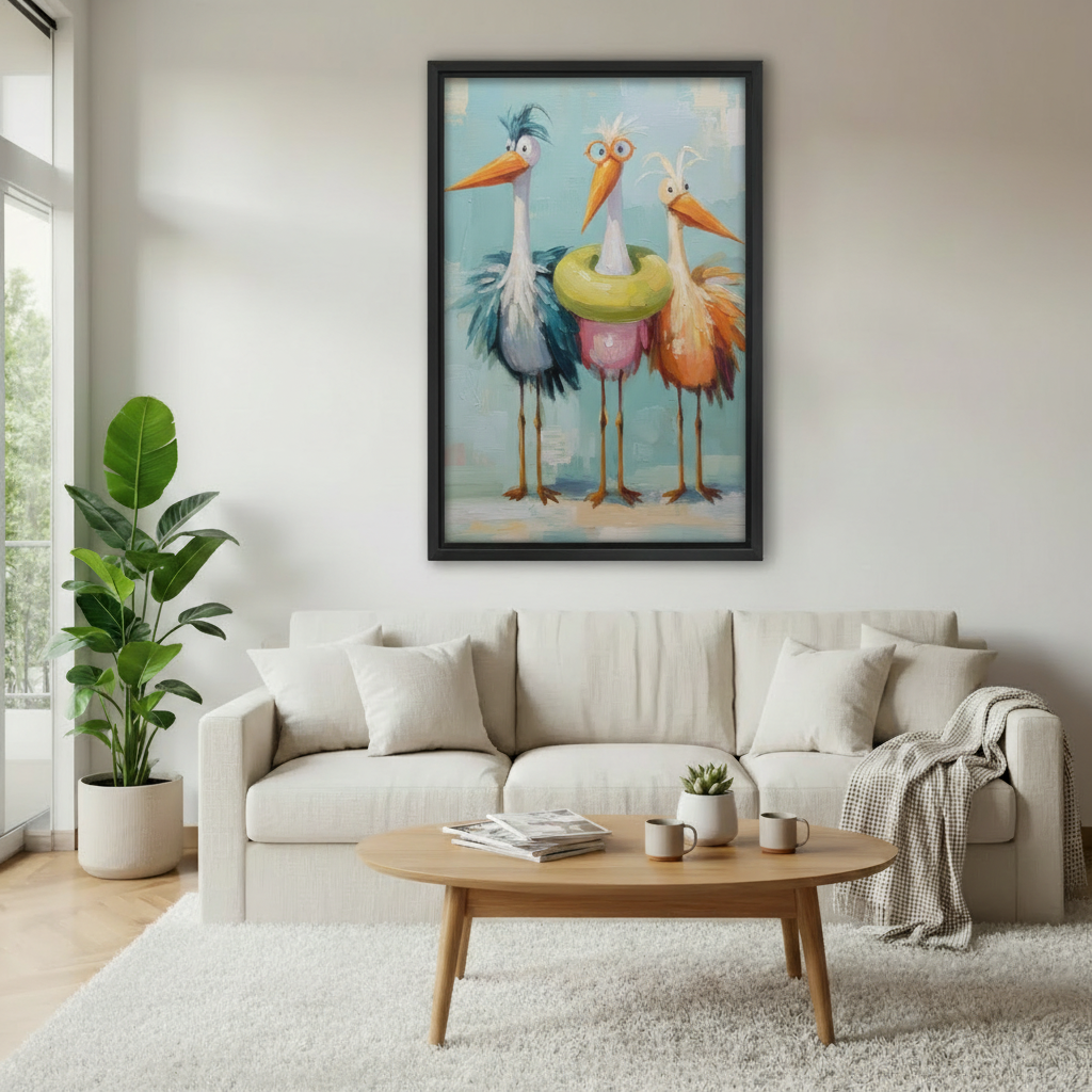 Framed bird wall art above sofa, funny stork trio with swim ring on pastel blue background, living room canvas decor