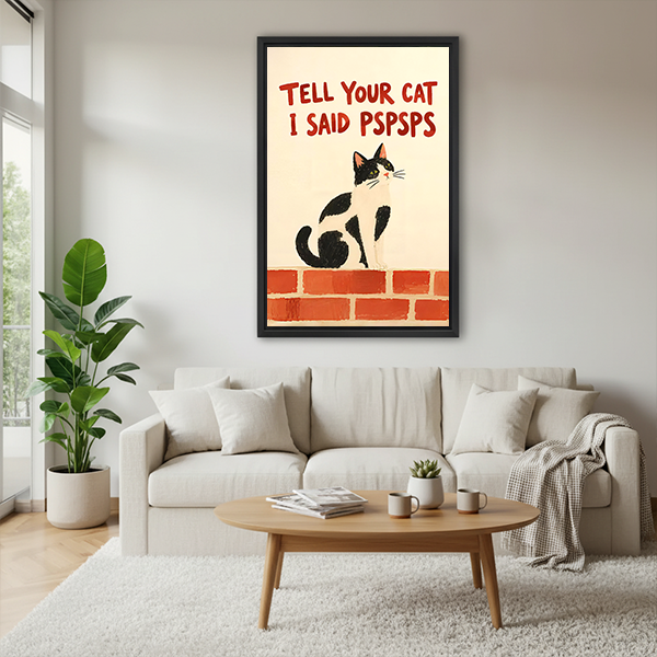 Black-framed funny cat canvas wall art reading Tell Your Cat I Said Pspsps displayed between indoor plants.