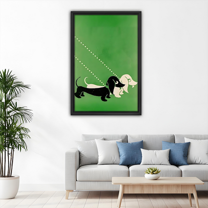 Black white dachshund pair retro green framed wall art – living room dog lover decor