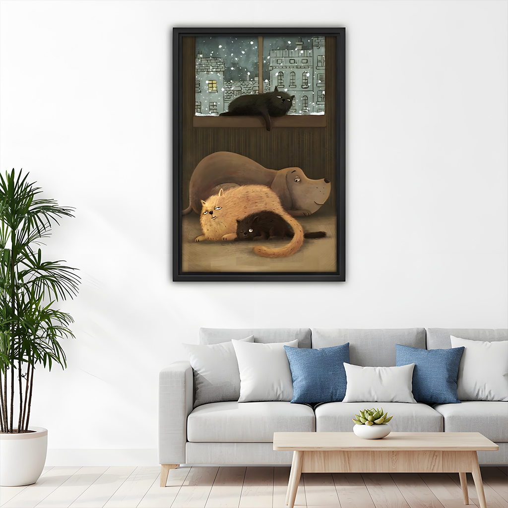 Cats and dog snuggling by snowy window illustration framed print above sofa, cozy winter living room wall art

