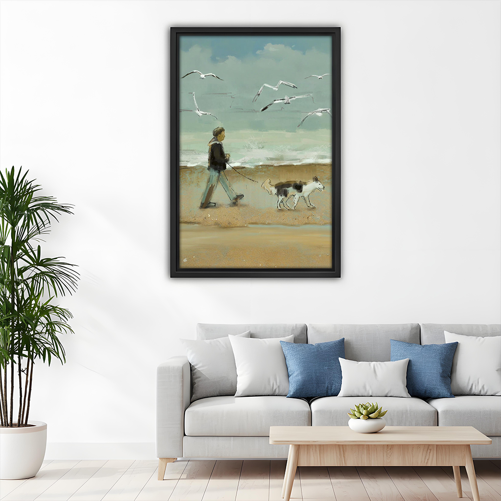 Beach Dog Walk Seagulls Coastal Framed Wall Art Print Above Sofa Living Room Decor