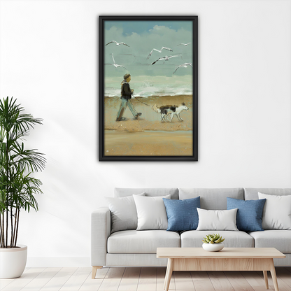Beach Dog Walk Seagulls Coastal Framed Wall Art Print Above Sofa Living Room Decor