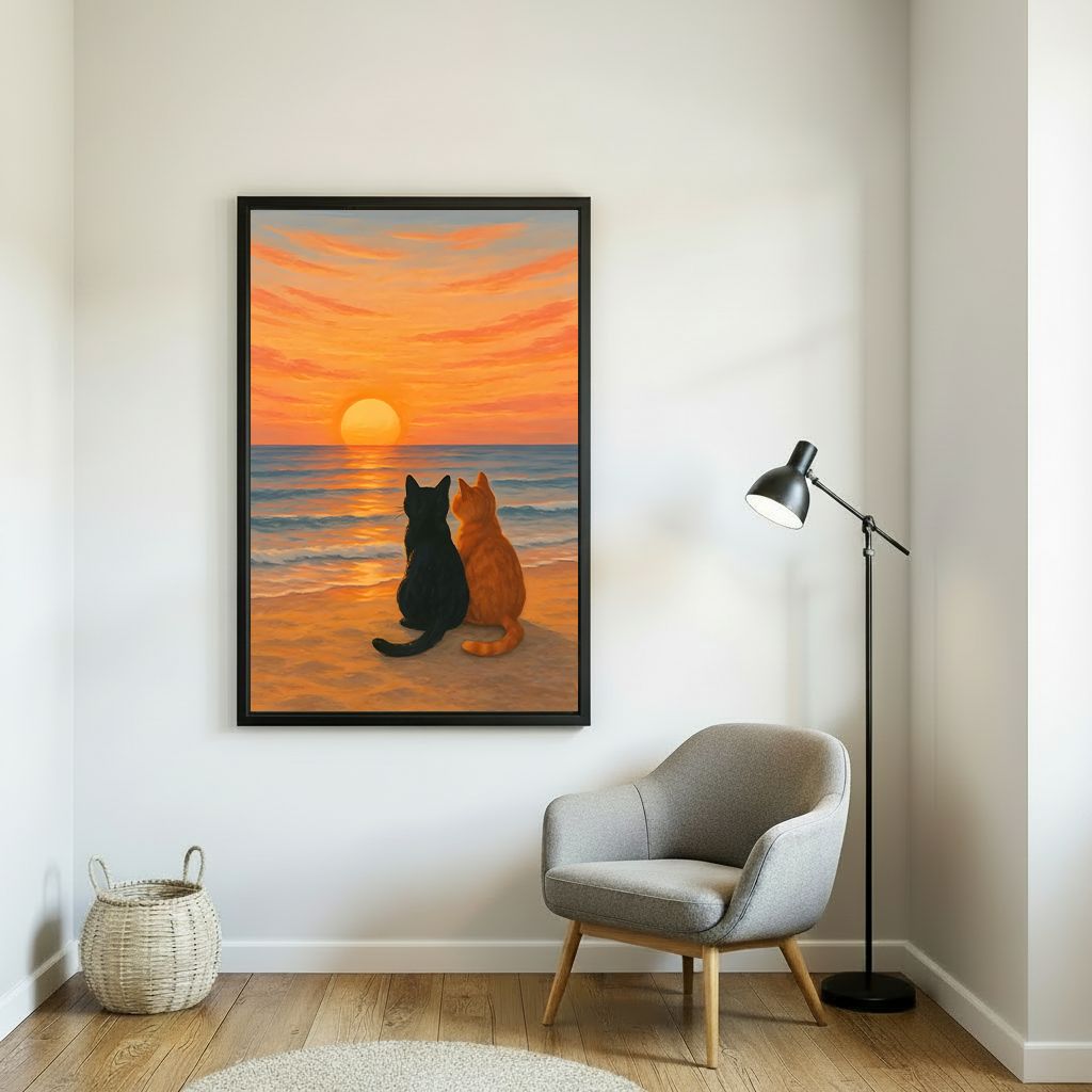 Two cats sitting on beach at golden sunset framed wall art canvas print in cozy reading nook with gray armchair and floor lamp