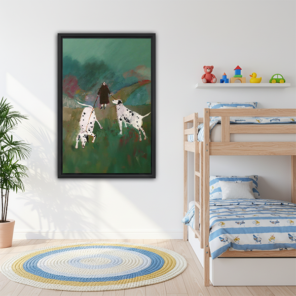 Woman and Dalmatians expressive oil painting framed canvas art in black frame on white wall beside bunk bed with blue striped bedding in kids