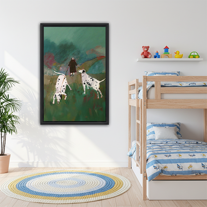 Woman and Dalmatians expressive oil painting framed canvas art in black frame on white wall beside bunk bed with blue striped bedding in kids