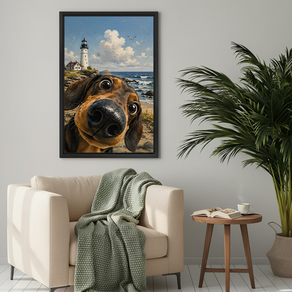 Funny dachshund selfie at lighthouse beach illustration framed wall art above cream armchair in cozy neutral living room with green throw