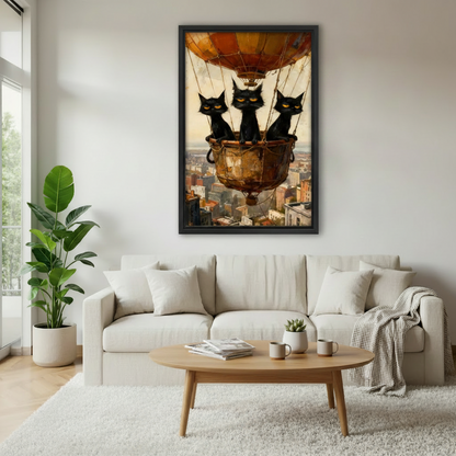 Vintage three cats balloon oil painting framed wall art above sofa, living room canvas print