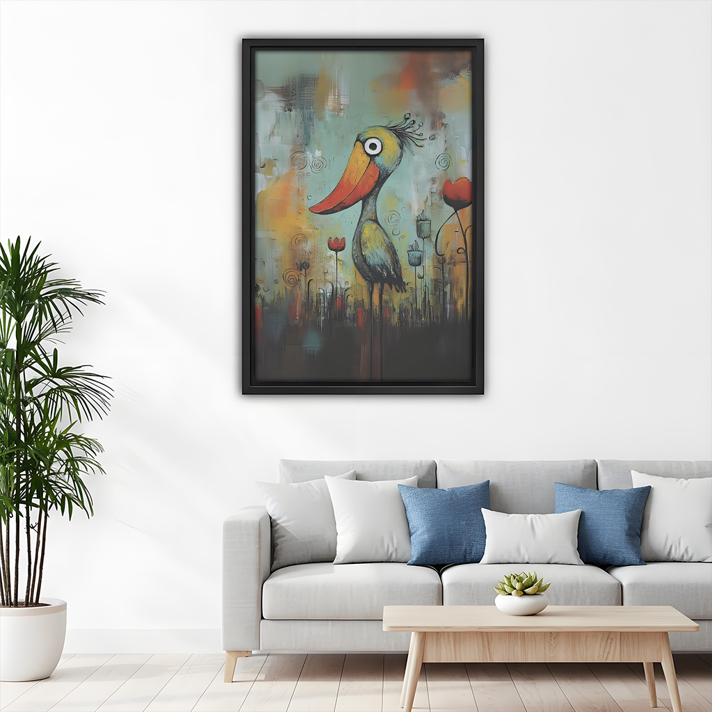 Quirky big beak bird abstract framed art print above sofa, whimsical colorful living room wall decor