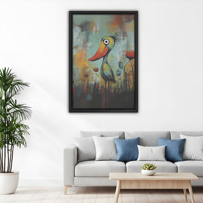 Quirky big beak bird abstract framed art print above sofa, whimsical colorful living room wall decor