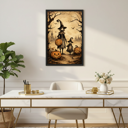 Woman holding framed witch family Halloween canvas art showing witches, pumpkins, bats, and a harvest moon