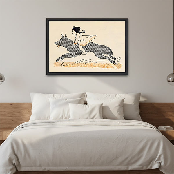 Framed canvas wall art of a girl riding a galloping wolf dog across a golden field, vintage illustration graphic style, bedroom headboard wall decor