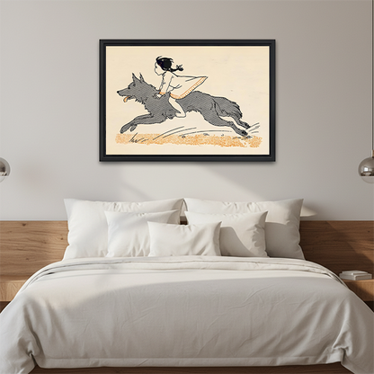 Framed canvas wall art of a girl riding a galloping wolf dog across a golden field, vintage illustration graphic style, bedroom headboard wall decor