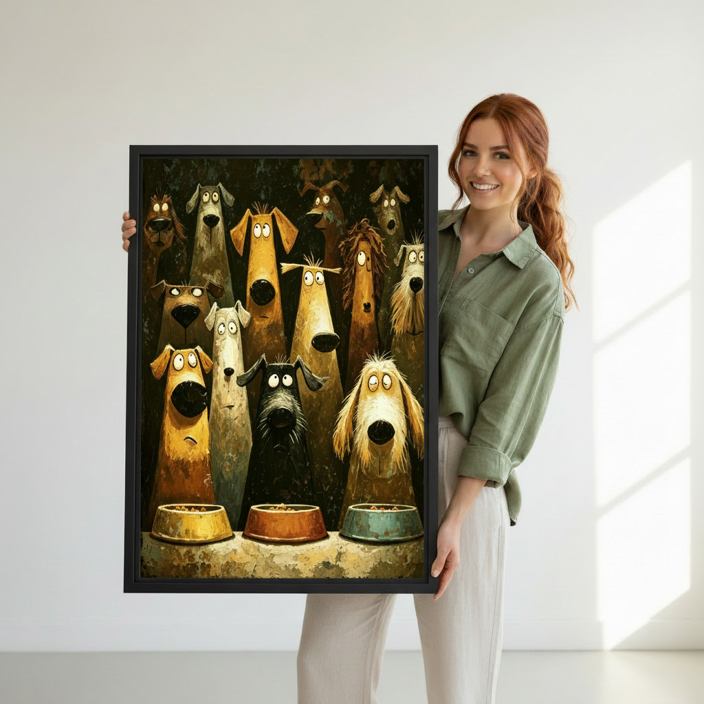 Woman holding large framed funny cartoon dogs waiting food canvas print, oil painting style twelve big-eyed dogs with food bowls wall art size reference