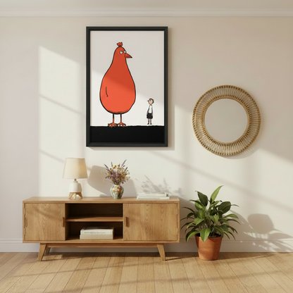 Funny Oversized Chicken Staring at Small Person Framed Print – Minimalist Humor Wall Art for Living Room