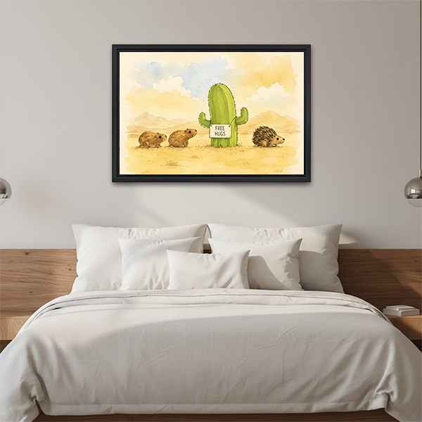 Funny watercolor framed canvas art of a Free Hugs cactus with two guinea pigs and a hedgehog under a warm desert sky, bedroom headboard wall decor