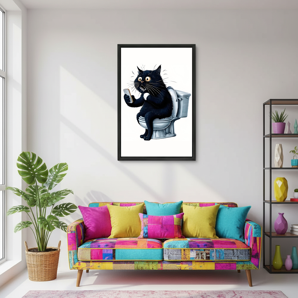 Funny cat on toilet framed canvas — colorful living room wall art for cat lovers