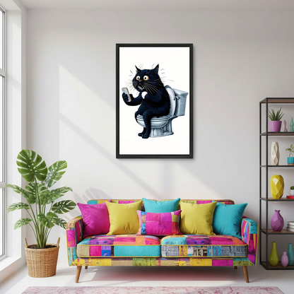 Funny cat on toilet framed canvas — colorful living room wall art for cat lovers