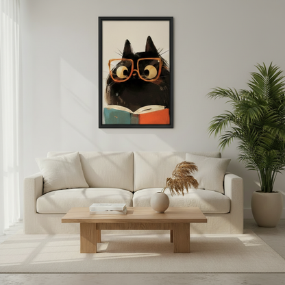 Funny Black Cat with Big Orange Glasses Reading Framed Print – Retro Intellectual Wall Art for Living Room