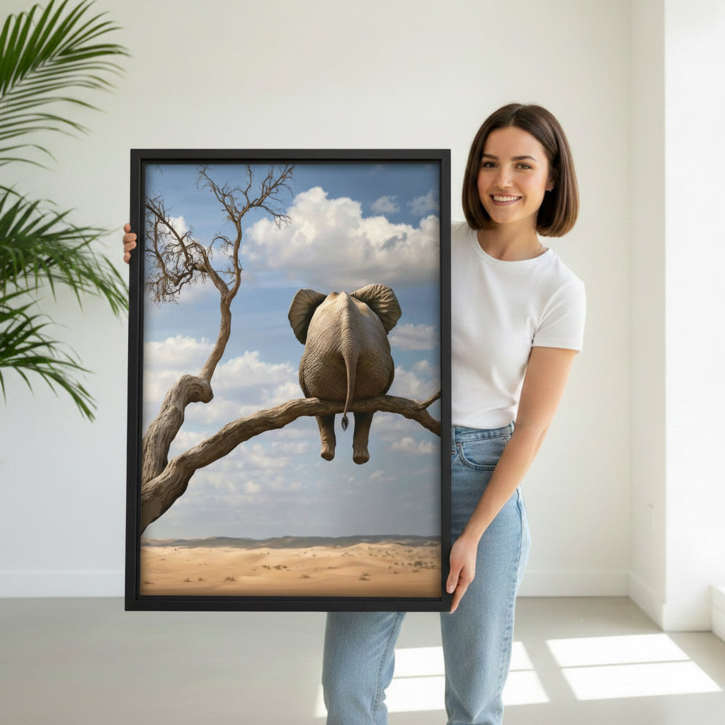 Woman holding large framed surreal elephant on tree branch whimsical desert canvas wall art print