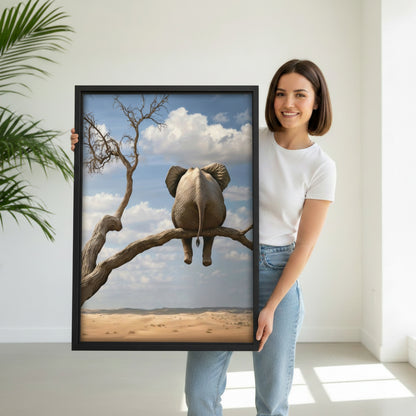 Woman holding large framed surreal elephant on tree branch whimsical desert canvas wall art print