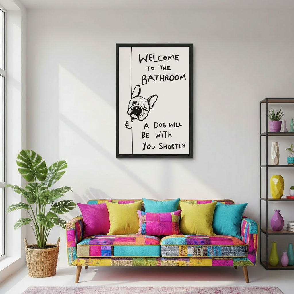 Framed French bulldog quote wall art above colorful sofa, funny bathroom humor canvas print, black frame wall decor for dog lovers

