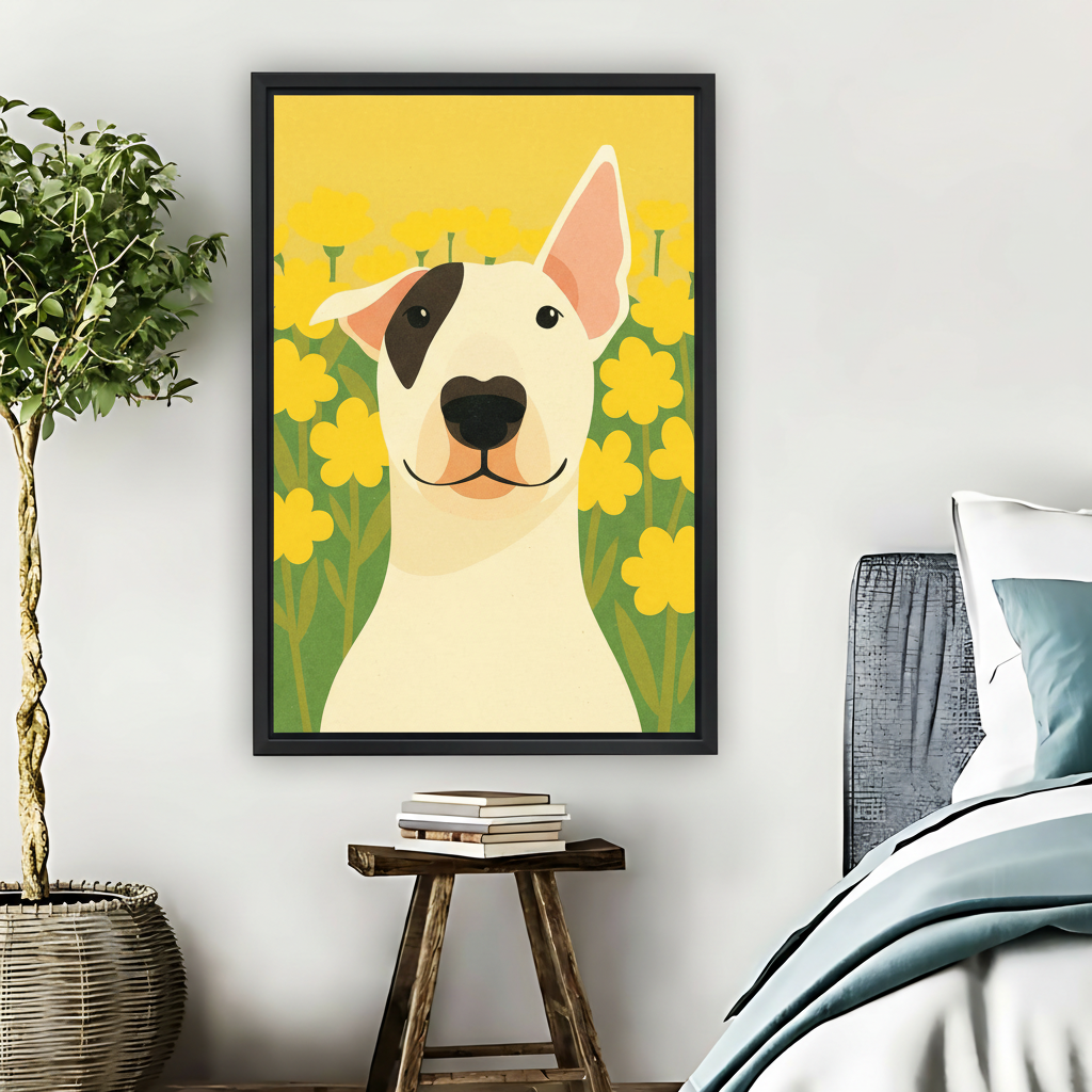 Bull Terrier Yellow Flowers Framed Canvas Wall Art| Liberty Signs #L1631