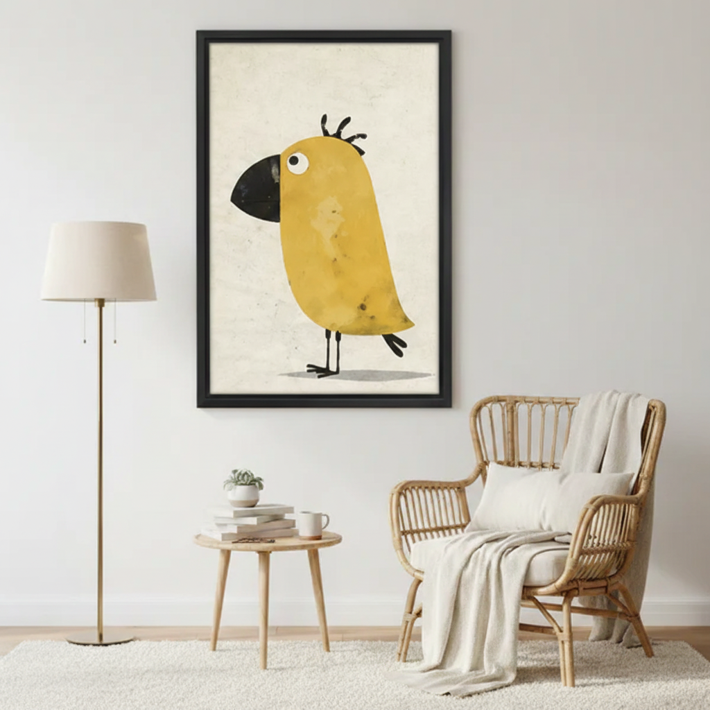 Funny Yellow Bird Wall Art – Minimalist Framed Canvas Print|Liberty Signs#L1749