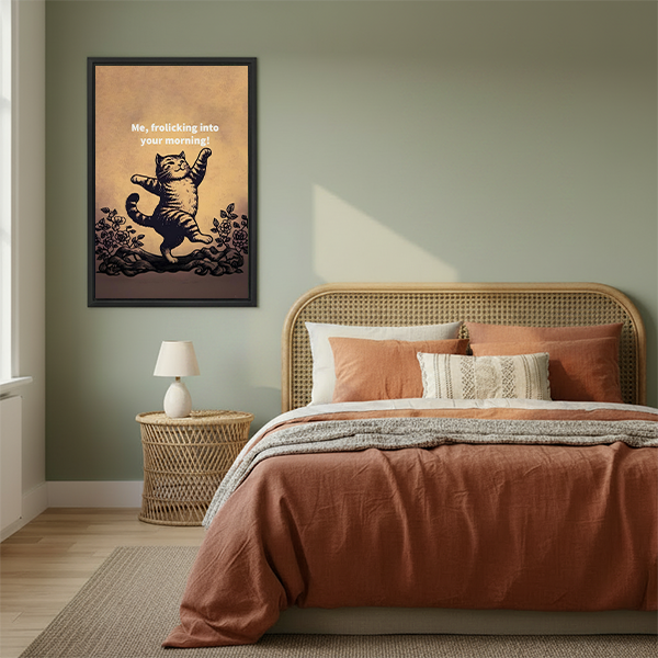 Dancing cat vintage woodcut framed canvas wall art print bedroom decor warm golden