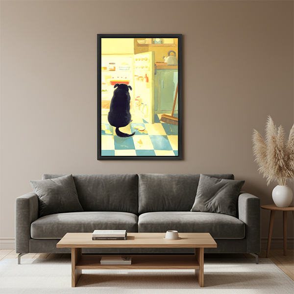 Black dog sitting in front of open refrigerator on blue checkered floor cozy kitchen watercolor illustration framed wall art hung on warm beige wall above grey sofa with wooden coffee table and pampas grass in modern living room