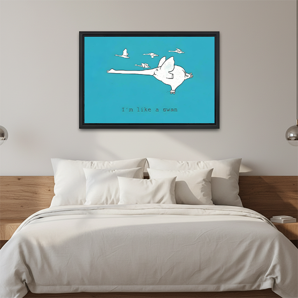 "I'm Like a Swan" whimsical pig canvas wall art, black framed teal illustration, bedroom above bed funny art print