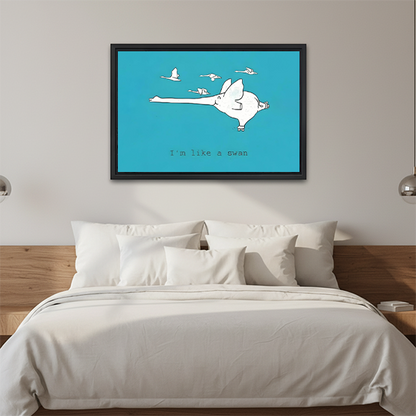 "I'm Like a Swan" whimsical pig canvas wall art, black framed teal illustration, bedroom above bed funny art print
